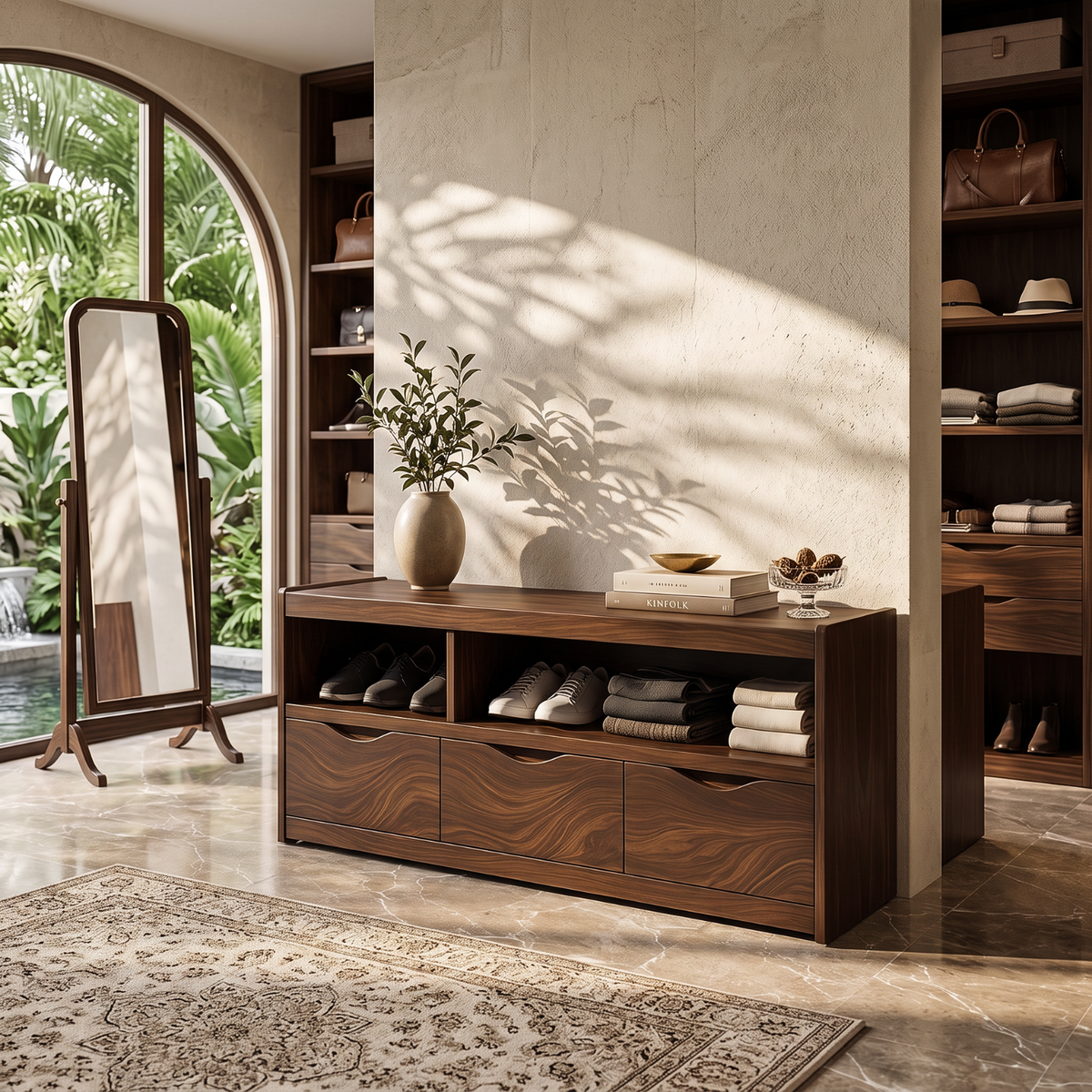 Modern Solid Wood Shoe Cabinet with Open Cubbies and Three Storage Drawers
