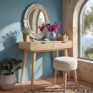 Rounded Wood Vanity Table with Two Drawers, Minimalist Dressing Table for Modern Bedrooms