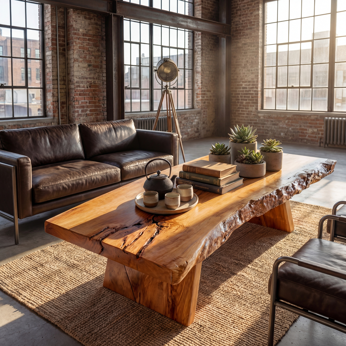 Live Edge Wood Coffee Table with Sculptural Block Base