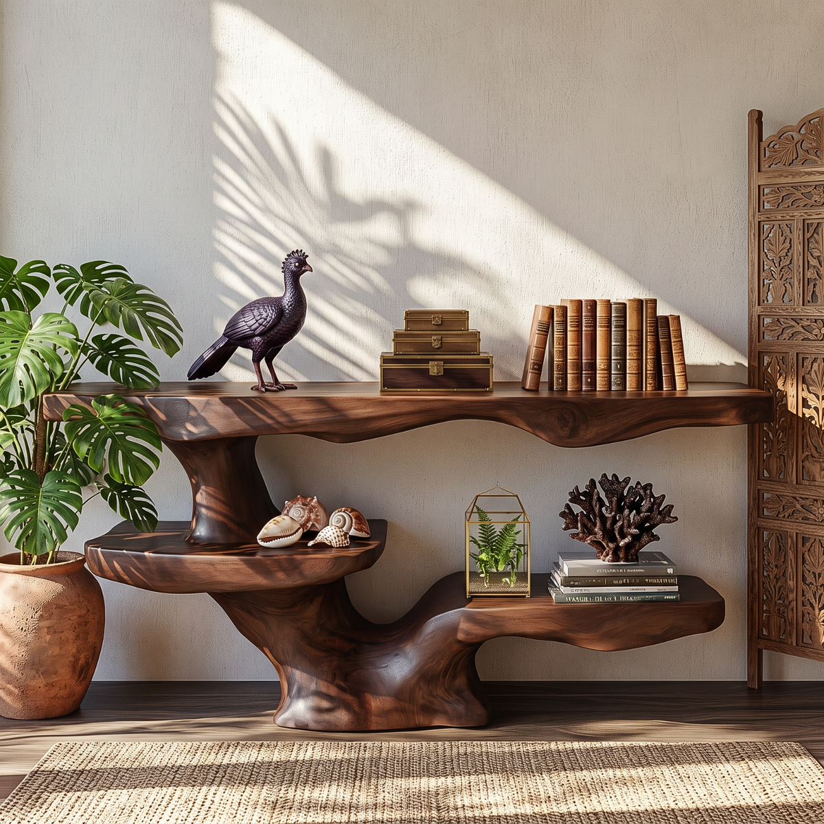 Solid Wood Console Table with Asymmetrical Floating Shelves and Sculptural Trunk Base