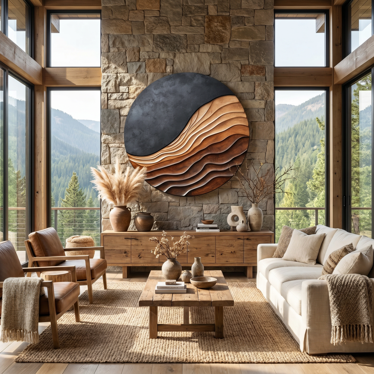Round Layered Solid Wood Wall Sculpture with Flowing Relief and Textured Contrast