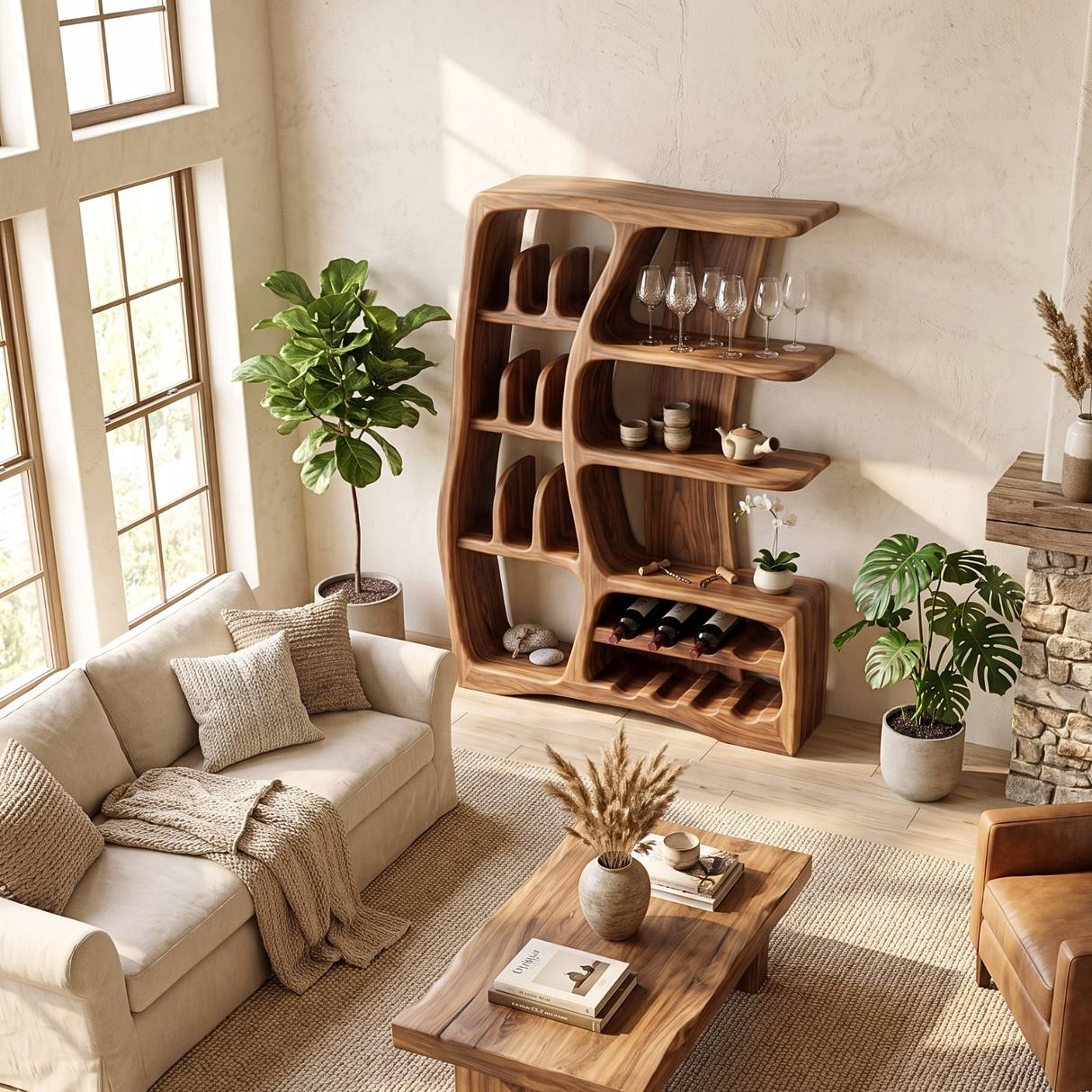 Solid Wood Wine Cabinet with Sculptural Open Shelves and Bottle Rack