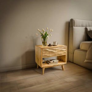 Handcrafted Solid Wood Nightstand with Wave Drawer & Shelf