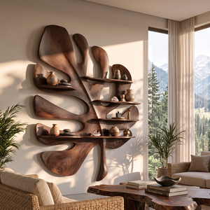 Solid Wood Tropical Leaf Wall Sculpture with Integrated Display Shelves for Living Room Decor