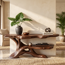 Handcrafted Live Edge Console Table with Sculptural Branch Base and Display Shelf