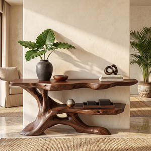 Handcrafted Live Edge Console Table with Sculptural Branch Base and Display Shelf