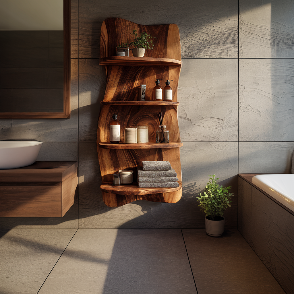 Live Edge Solid Wood Bathroom Wall Shelf
