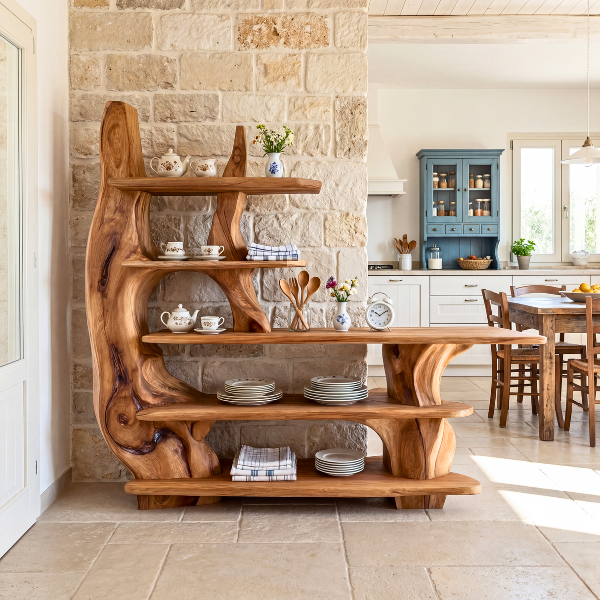 Organic Sculptural Solid Wood Console Table with Multi Tier Display Shelves Artistic Freeform Entryway Table