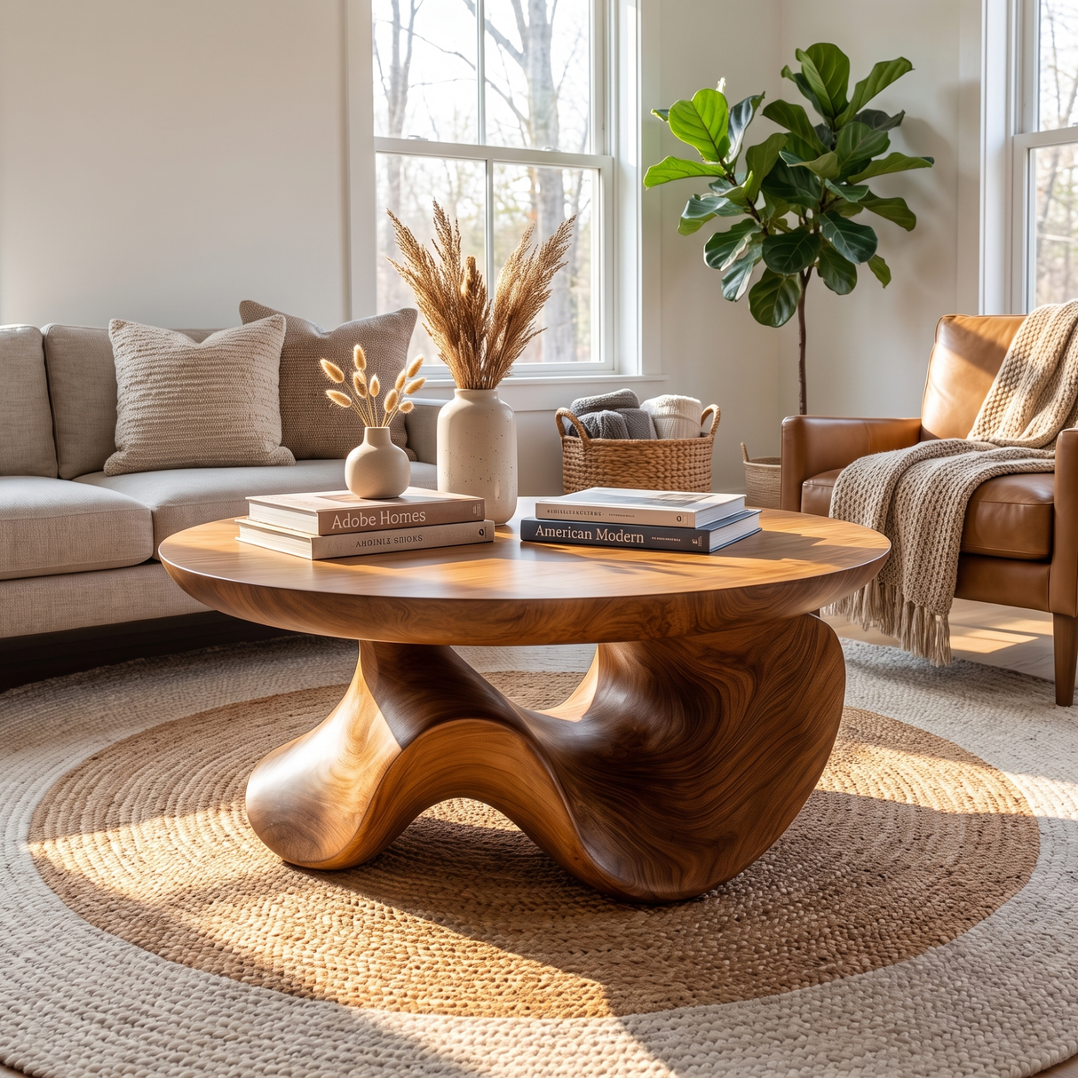 Coffee Table Solid Wood with Sculptural Organic Arch Base for Living Room