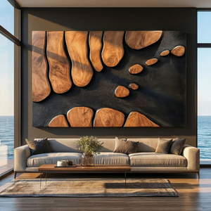 Abstract Sculptural Wood Wall Art Panel with Black Textured Ground