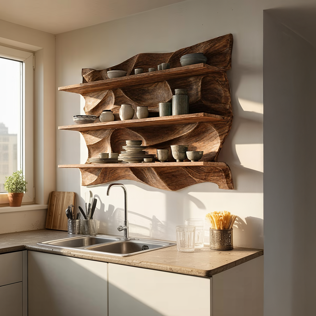 Sculpted Solid Wood Wall Shelf for Organic Modern Interiors