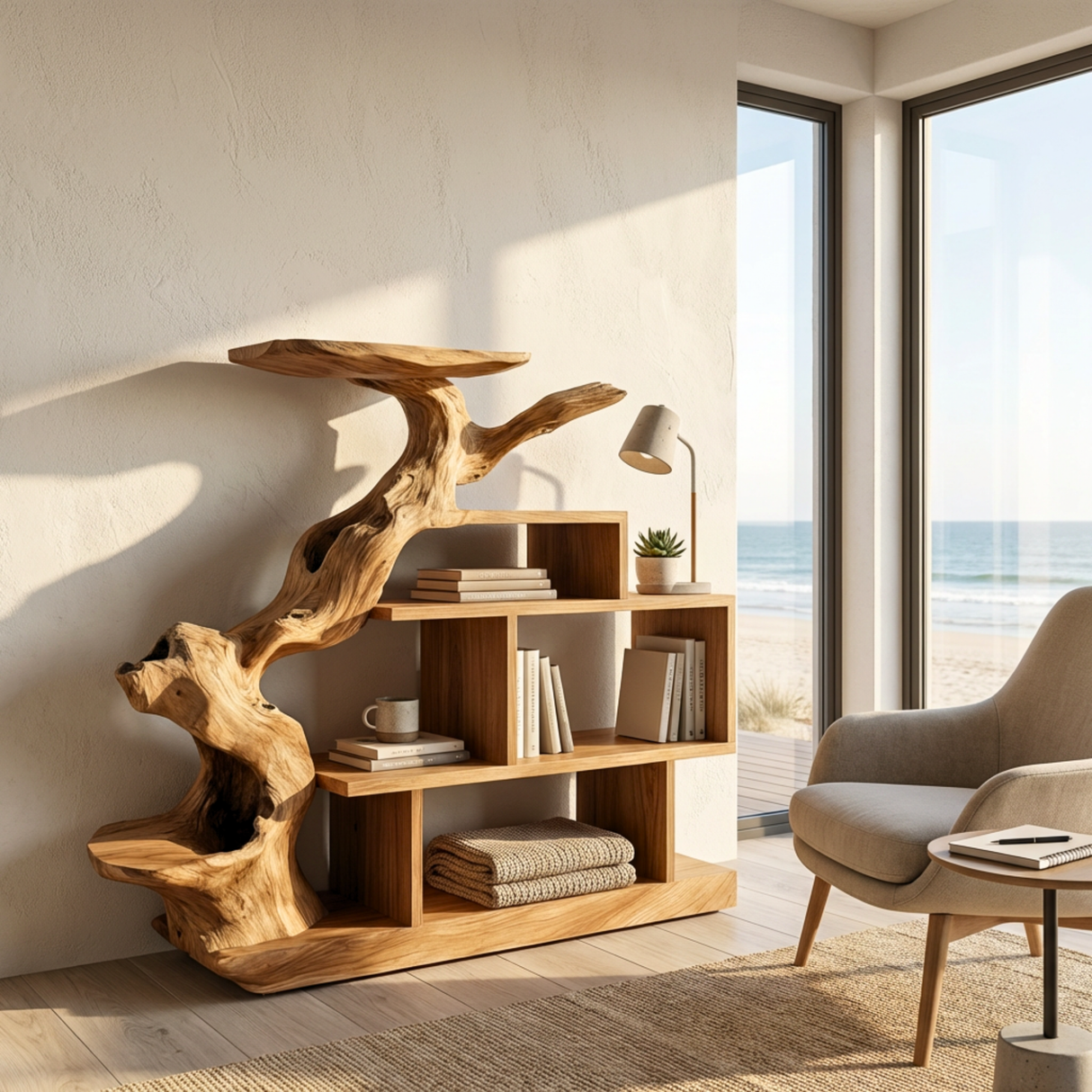 Sculptural Solid Wood Bookshelf with Elevated Shelf Tree Form Organic Modern Display