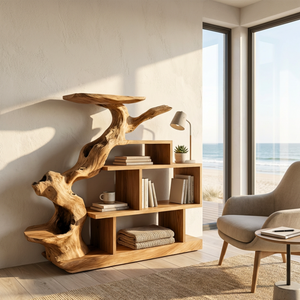 Sculptural Solid Wood Bookshelf with Elevated Shelf Tree Form Organic Modern Display