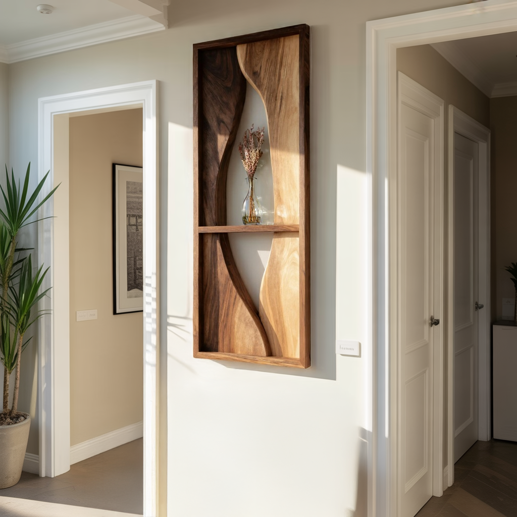 Organic Wood Wall Art Panel with Floating Display Shelf