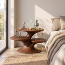 Sculptural Solid Wood Side Table with Three Tier Organic Shelves
