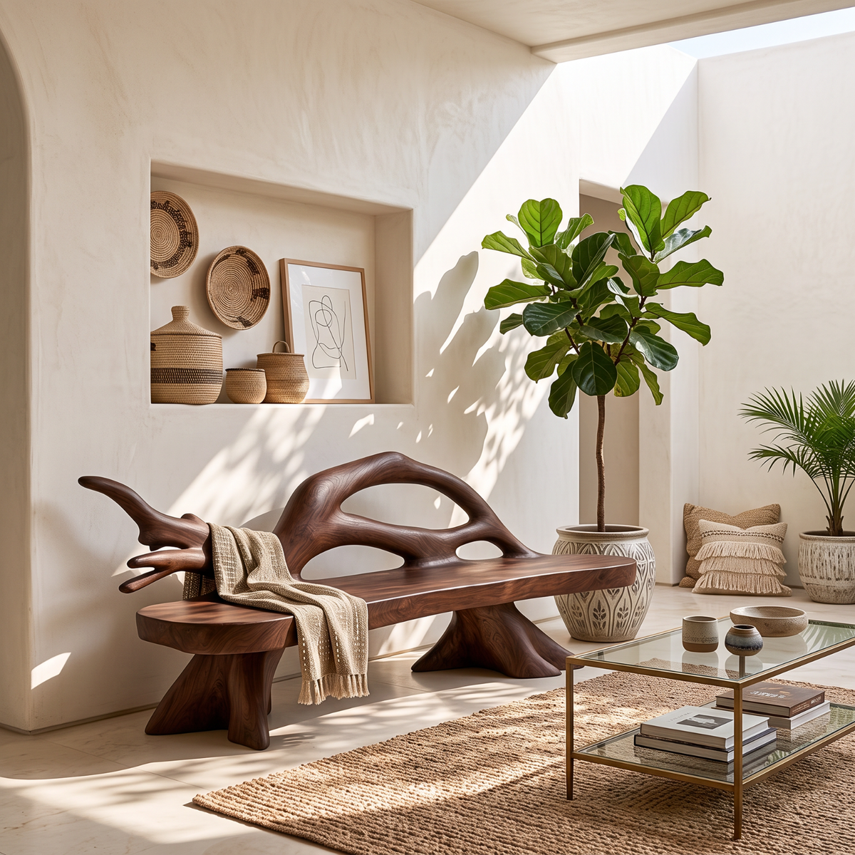 Sculptural Solid Wood Garden Bench with Organic Open Backrest
