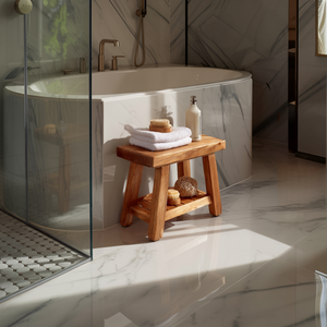 Handcrafted Solid Wood Shower Stool with Storage Rack