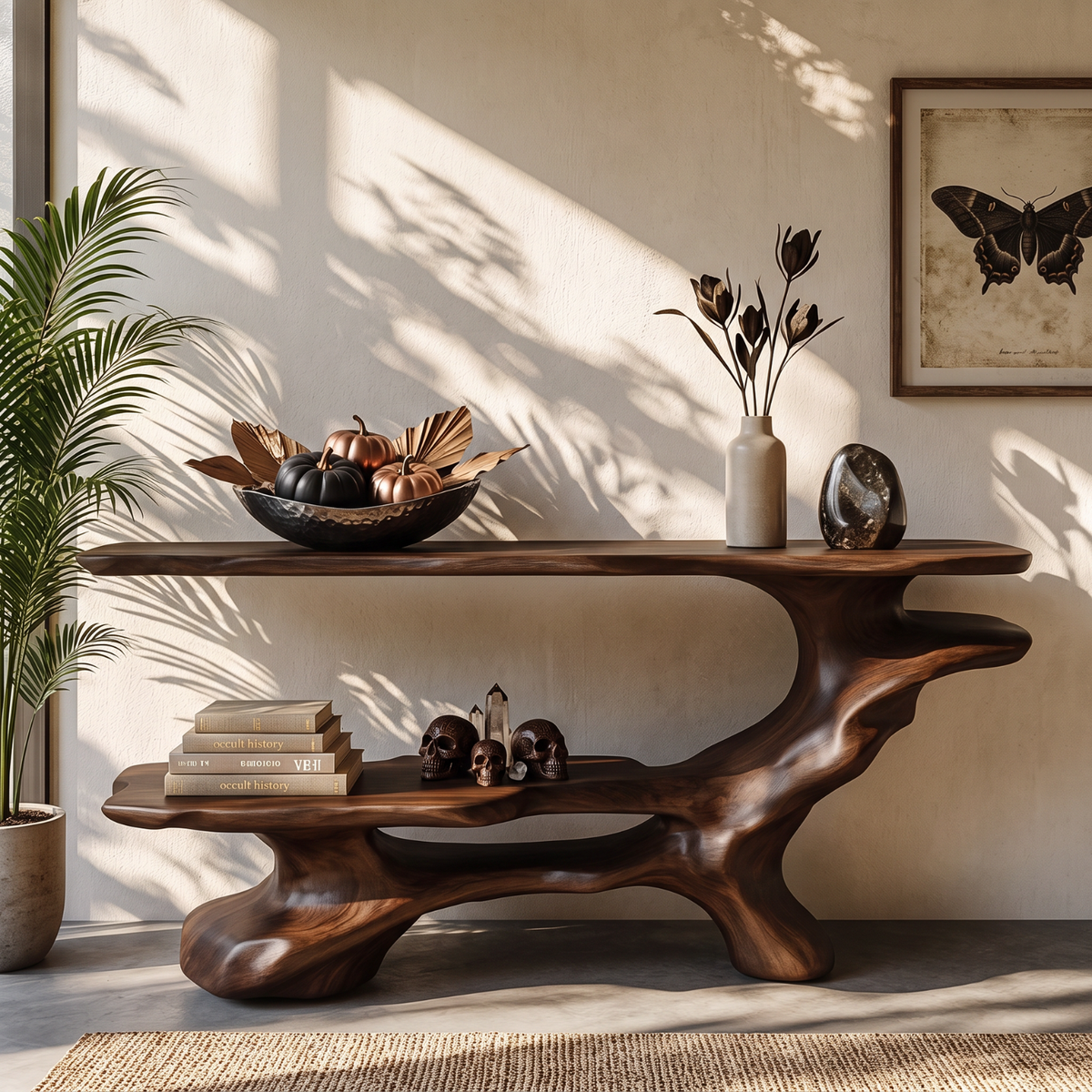 Artistic Solid Wood Console Table with Tiered Shelves and Flowing Branch Base