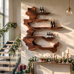 Handcrafted Solid Wood Wine Rack with Sculptural Floating Shelves