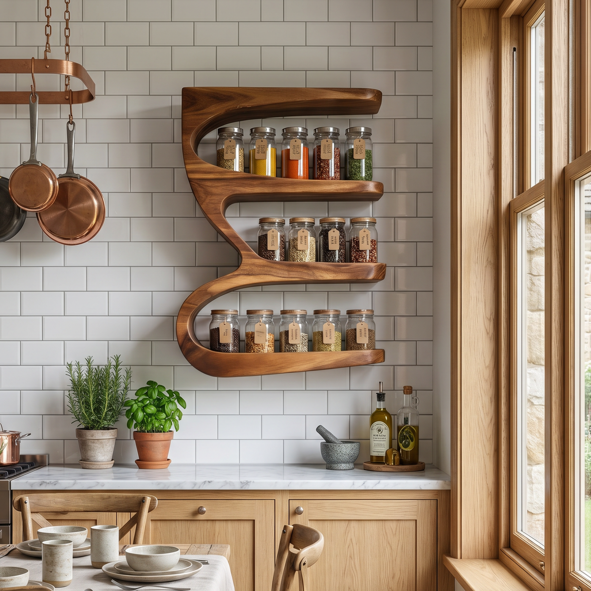 Solid Wood S Curve Wall Spice Rack with Three Open Kitchen Shelves
