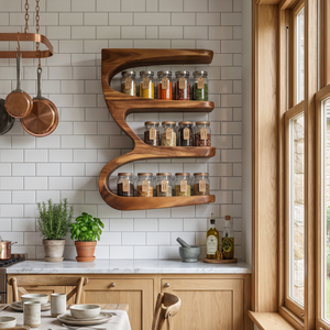 Solid Wood S Curve Wall Spice Rack with Three Open Kitchen Shelves