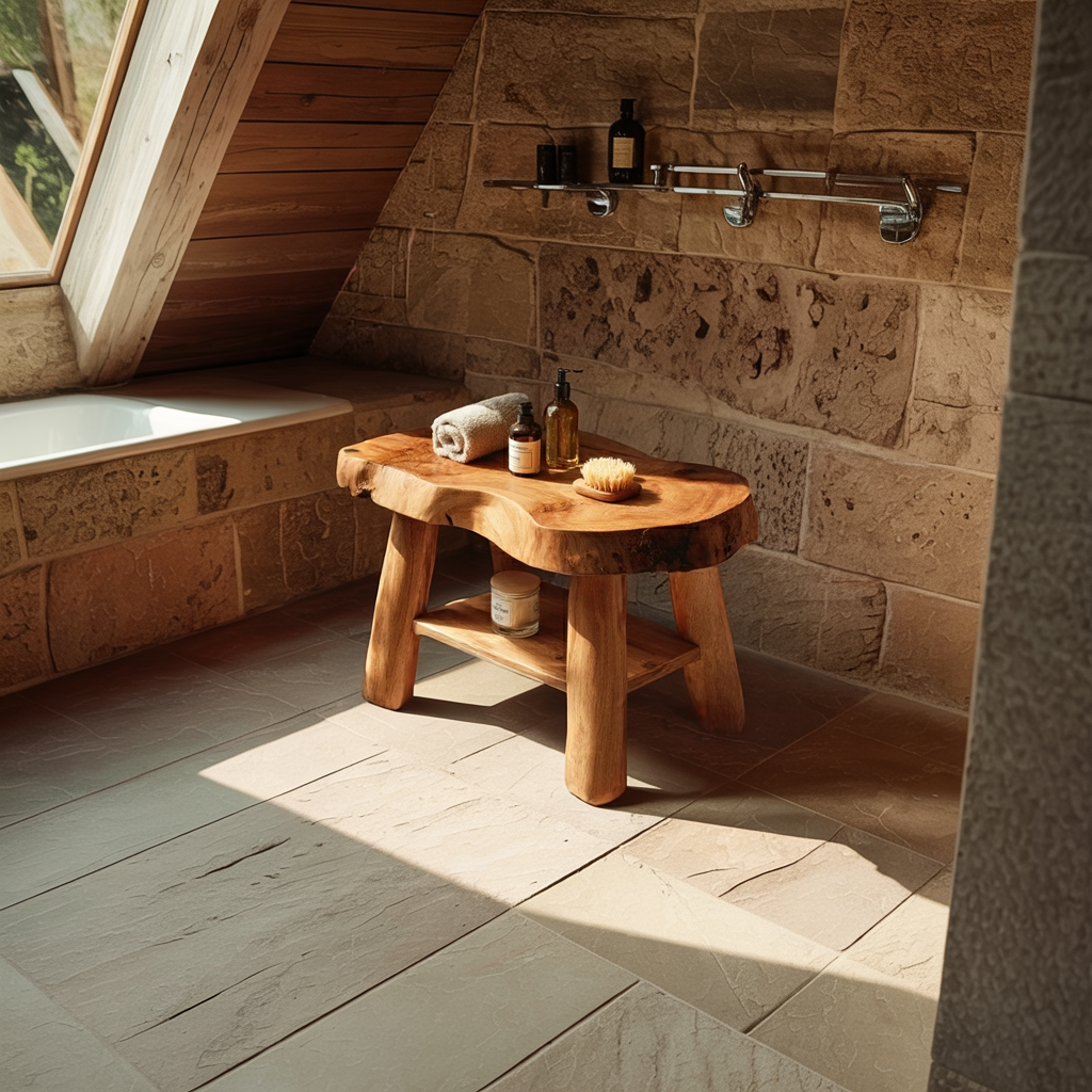 Rustic Solid Wood Shower Bench with Live Edge Top