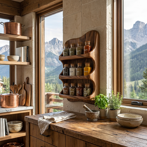 Curved Solid Wood Wall Spice Organizer with Three Open Display Tiers