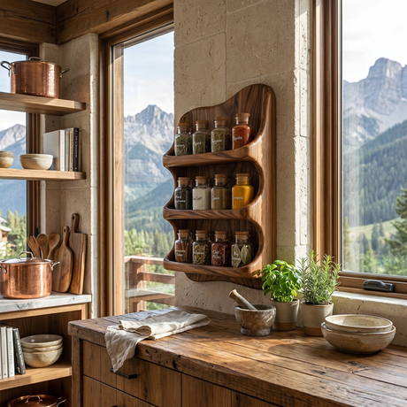 Curved Solid Wood Wall Spice Organizer with Three Open Display Tiers