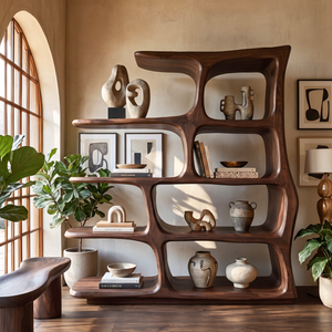 Freeform Solid Wood Bookcase with Rounded Open Shelves and Sculptural Frame