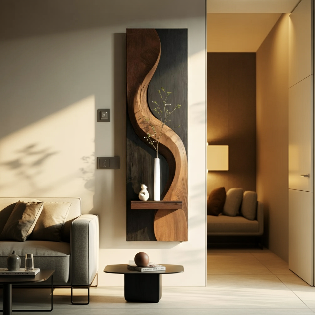 Sculptural Solid Wood Wall Panel with Display Shelf