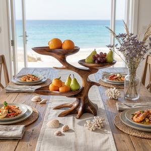 Solid Wood Three-Bowl Fruit Centerpiece with Flowing Branch Stand