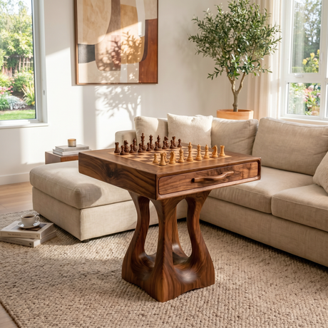 Handcrafted Solid Wood Chess Table with Drawer and Carved Pedestal Base
