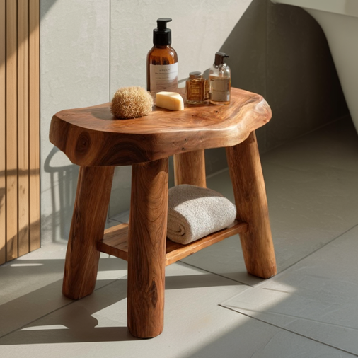 Live Edge Solid Wood Bath Stool with Storage Shelf