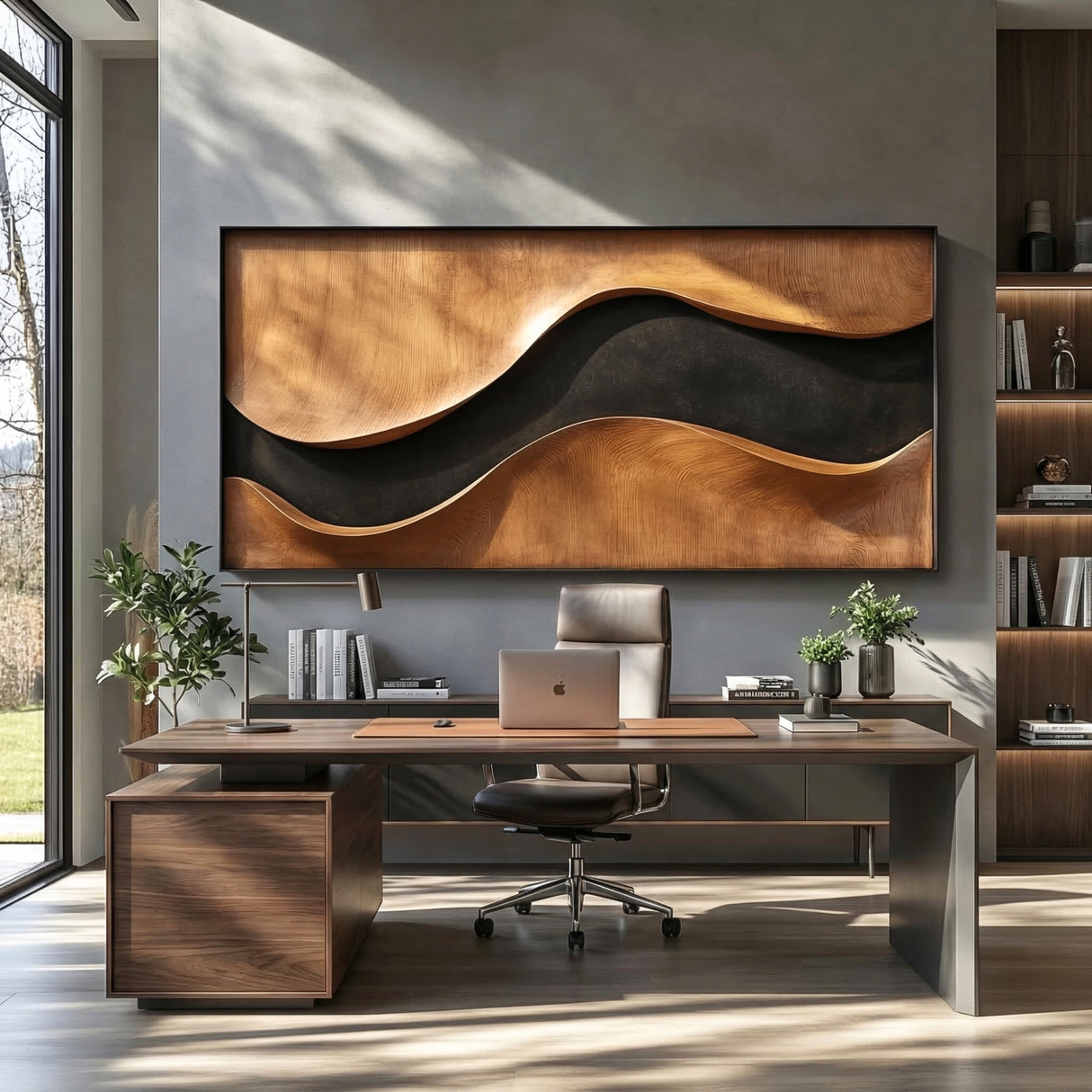 Sculptural Wood Wall Art Panel with Black Wave