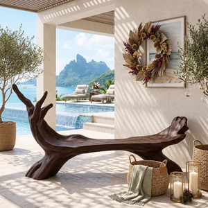 Organic Solid Wood Garden Bench with Sculptural Branch Back for Patio Decor