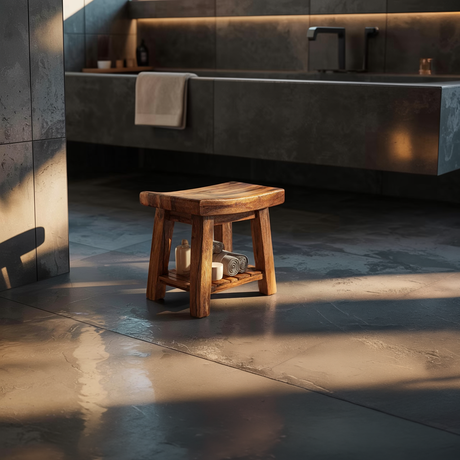 Compact Solid Wood Bath Stool with Lower Shelf