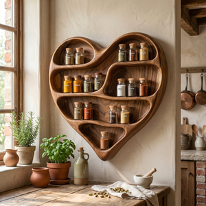 Solid Wood Heart Spice Rack with Organic Multi-Level Open Shelves