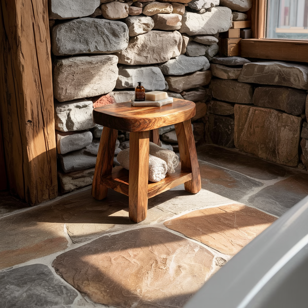 Natural Solid Wood Shower Bench with Storage Shelf