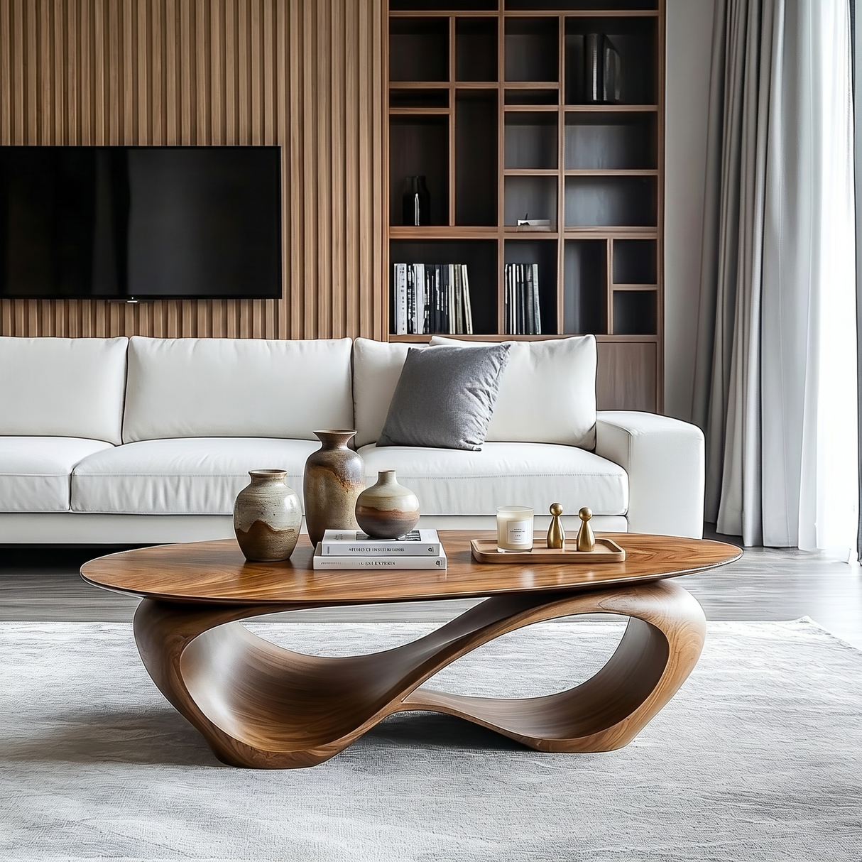 Solid Wood Coffee Table with Twisted Hollow Wave Base for Living Room