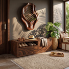 Shoe Cabinet Solid Wood with Open Display Shelf and Enclosed Storage