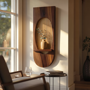 Oval Solid Wood Wall Panel with Slatted Backdrop & Floating Shelf
