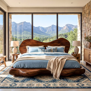 Organic Solid Wood Bed with Sculptural Curved Headboard and Platform Base