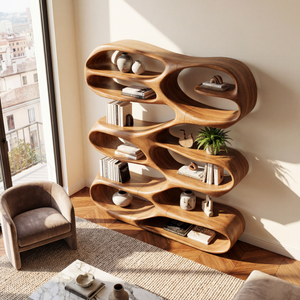 Freeform Wave Wood Bookcase with Open Sculptural Shelves