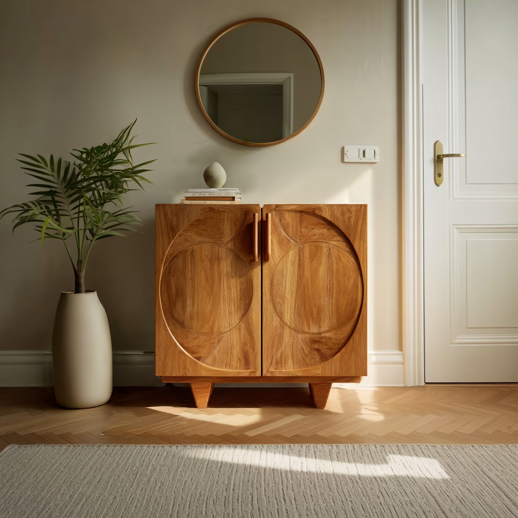 Mid Century Solid Wood Sideboard with Geometric Circle Carved Doors Modern Living Room Storage Cabinet