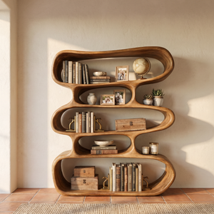 Organic Wavy Wooden Bookshelf Handmade Sculptural Solid Wood Modern Display Shelf