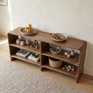 Solid Wood Low Display Console with Rounded Shelf Compartments