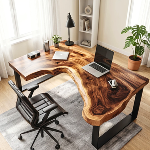 Live Edge L Shaped Solid Wood Desk with Metal Legs