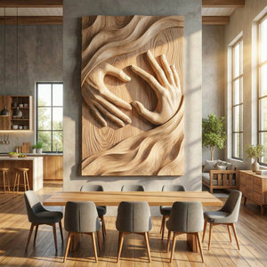 Handcrafted Solid Wood Wall Sculpture with Connected Hands and Flowing Grain Landscape