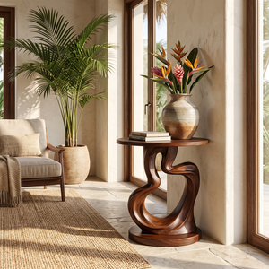 Organic Solid Wood Side Table with Sculptural Loop Base
