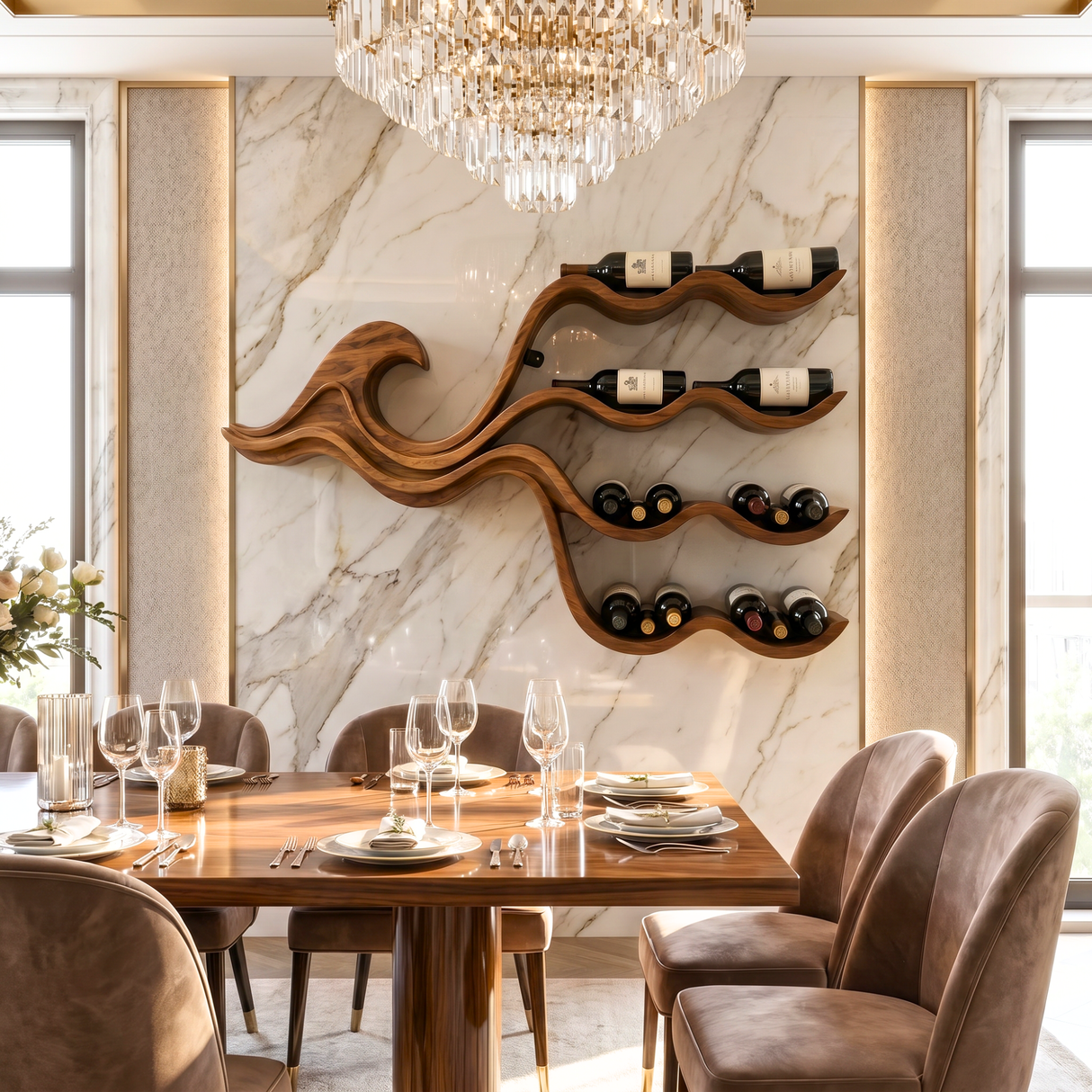 Wave Inspired Solid Wood Wine Rack Wall Shelf